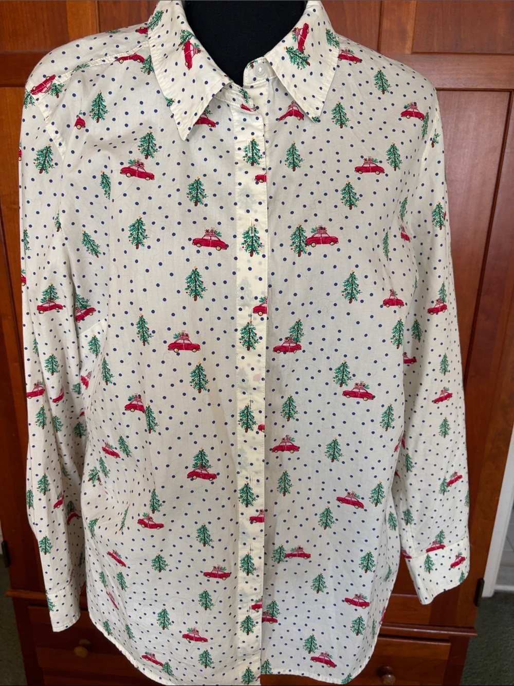 Talbots Cream Button-Down Shirt with Christmas Theme